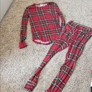 Women’s Pink Victoria’s Secret red green plaid Christmas pajamas fleece sz Small